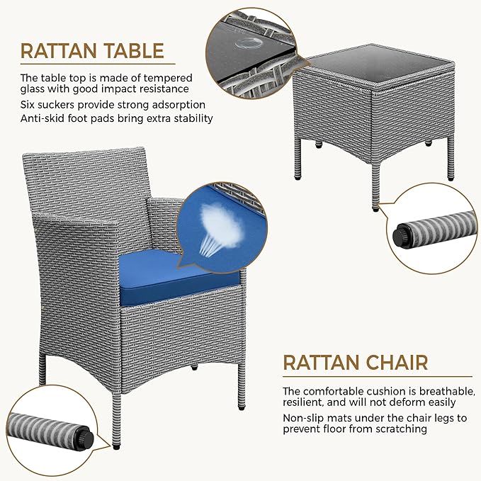 Yaheetech 3 Pieces Patio Porch Furniture Set, Outdoor PE Rattan Wicker Conversation Set with Soft Cushions, Glass Coffee Table & 2 Chairs for Garden/Deck/Courtyard/Poolside, Gray/Dark Blue