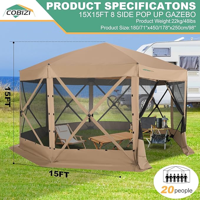 COBIZI 15x15 FT Pop Up Gazebo - Canopy Tent, Large Gazebos On Clearance,Instant Screened in Gazebo,carpas para Patio,Portable Screen Tents for 12-15 Persons Outdoor Camping, Backyard,Khaki