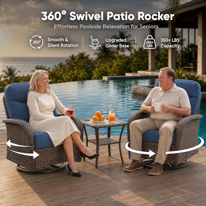 HUMMUH 3-Piece Outdoor Wicker Swivel Rocker Patio Set, High Back | 6 in Olefin seat and back cushions, PE rattan, steel frames, 350 lb chair capacity, for deck, yard, and poolside