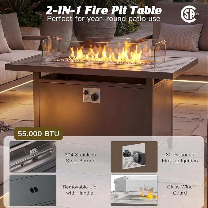 Aluminum Outdoor Patio Furniture Set with 43" Fire Pit Table, 7-Piece Outdoor Sectional with 5.2" Thick Cushions, Patio Conversation Sets for Backyard,(Brown,6 Seats)