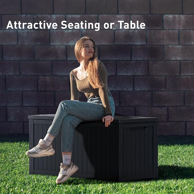 DRATO 200 Gallon Deck Box, Waterproof Resin Large Outdoor Storgae Box for Patio Furniture, Patio Cushions, Gardening Tools, Pool Supplies, Lockable (Black, 200 Gallon)