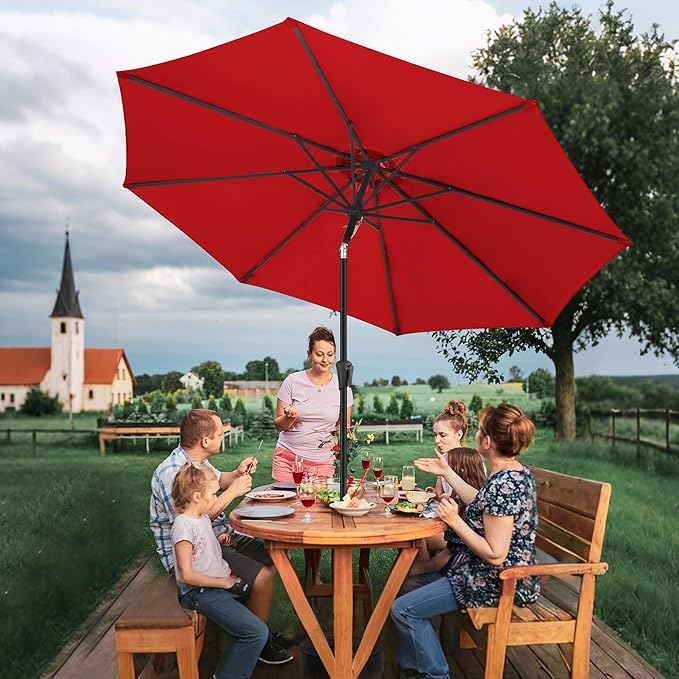 FLAME&SHADE 10 FT Solar Light Patio Umbrella, 40 LED Lights Outdoor Umbrella with Centre Surround Light, Table Market Umbrella for Deck, Pool, Porch, Backyard, Garden, UV Protection, Red