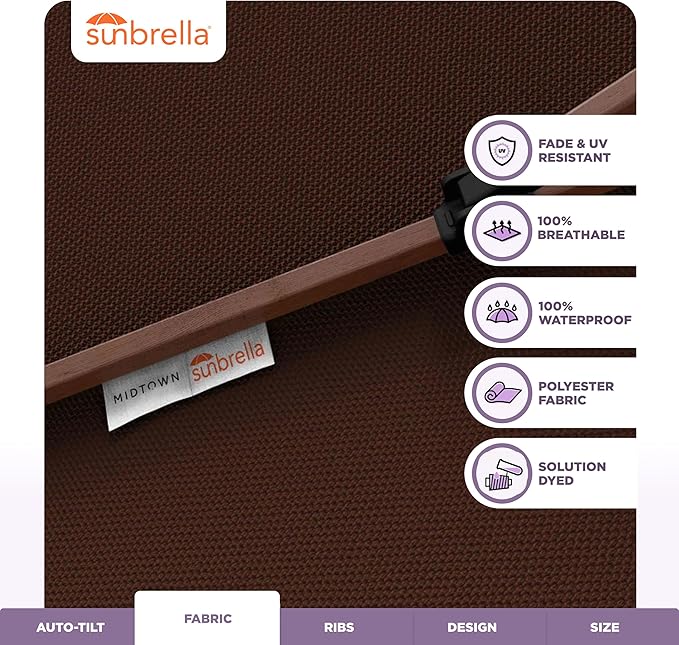 Midtown Umbrellas Wooden 2-8 Ft Patio Umbrella with 360° Swivel & Tilt Mechanism, 8 Fiberglass Ribs & Sunbrella Fabric - Outdoor Umbrella for Deck, Pool & Garden - Burgundy Canopy, Wooden Pole
