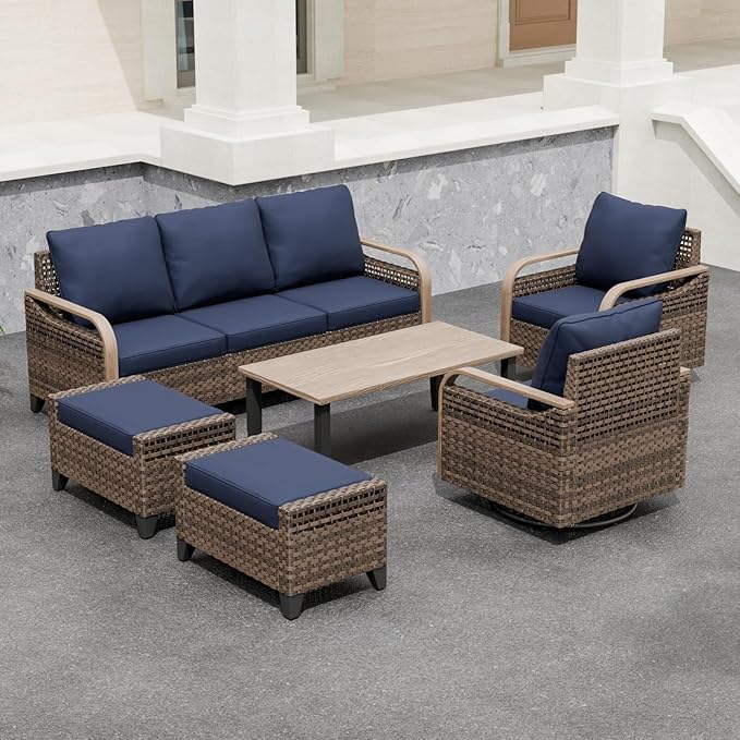 Modern Wicker Patio Furniture Set, Rattan Outdoor Conversation Set with Comfortable Cushions, 2 Swivel Rocking Chairs, 3 Seat Couch, 2 Ottomans and Coffee Table, 6 Pieces, Brown/Blue