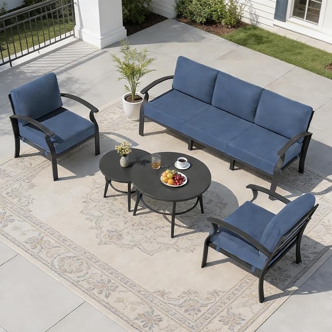 Aluminum Outdoor Patio Furniture Set,5 Seats Patio Conversation Sets with 2 Round Coffee Tables,Metal Patio Sectional Furniture Set with 5.1" Thickened Cushions,Navy Blue