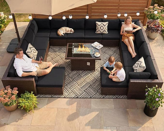 NICESOUL 15 Piece Outdoor Sectional with Fire Pit Table, Modern Luxury Patio Deep Seating w/Firepit, 29.3'' High-Back Wicker Couch Thick, Big High-Weight Capacity Sofa for Garden, Yard, Brown & Black
