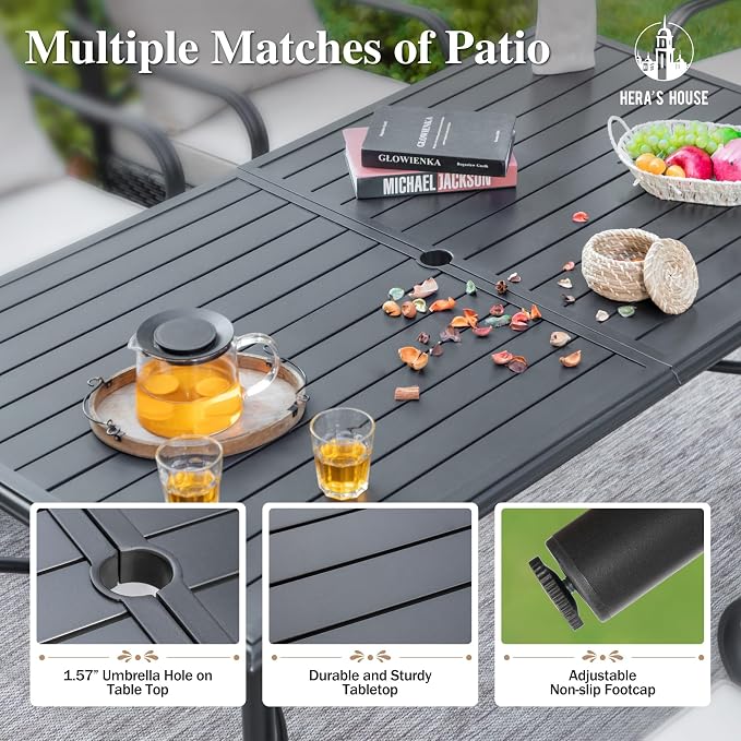 HERA'S HOUSE 7pc Outdoor Patio Dining Set, 6 Textilene Chairs, Brown | 67" rectangular metal table with umbrella hole. Waterproof, rust-resistant, all-weather for backyard, porch