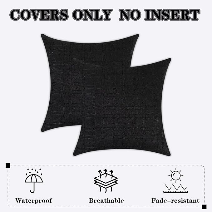 Kevin Textile Outdoor Waterproof 20”x20” Pillow Covers 2 Pack, Black | Water Resistant, Soft Faux Linen-cotton Yarn-dyed Woven Texture Throw Pillow Covers for Tent Patio Garden Couch Sofa