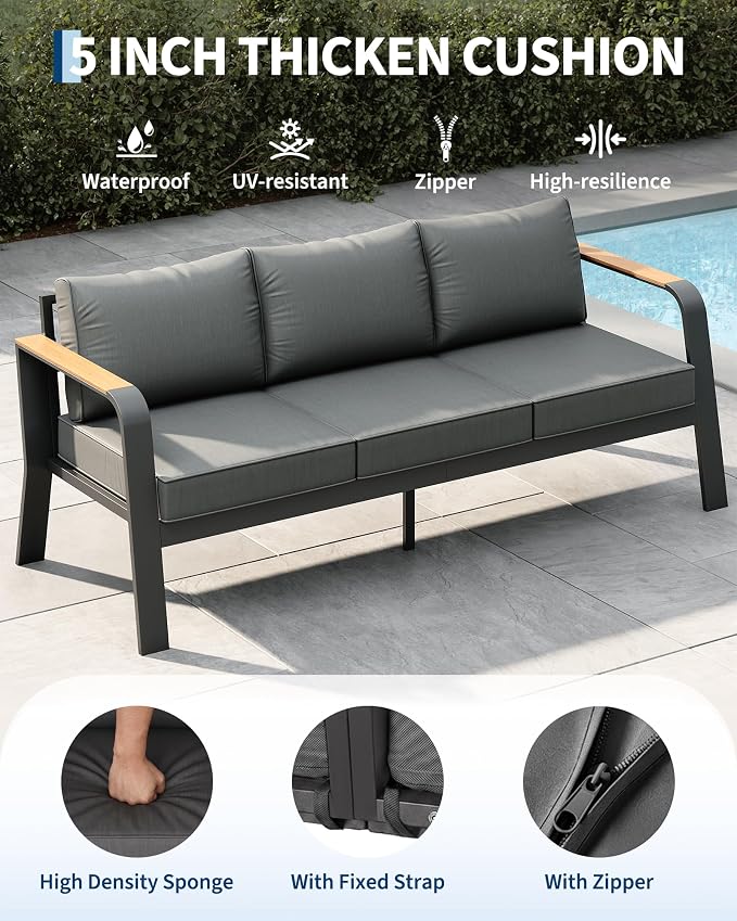 Garvee Aluminum Outdoor Patio Furniture Set with Coffee Table 7 Seats Patio Conversation Set Washable Thick Cushions All-Weather Metal Outdoor Furniture Sets for Poolside Balcony Deck, Gray