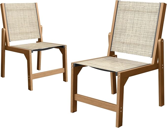 SUUNYN Patio Stackable Chairs Set of 2, HDPE Armless Outdoor Dining Chairs with Wide Seat, All-Weather Textilene Oversized Porch Chair for Garden, Poolside, Backyard, Deck | Teak