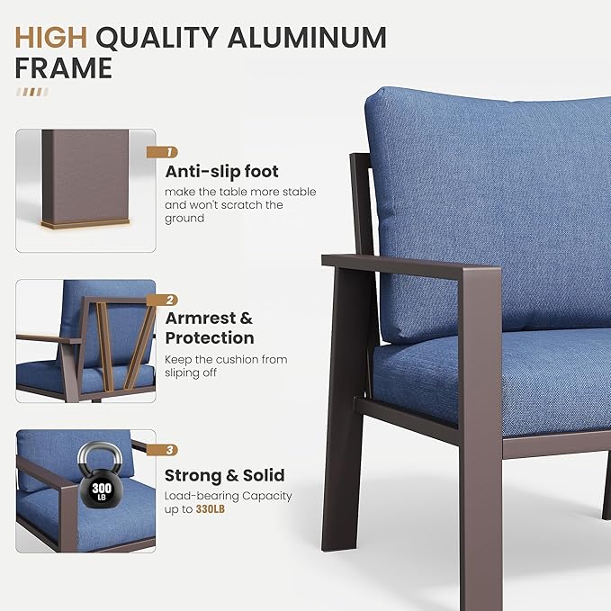 Aluminum Patio Conversation Set All-Weather Outdoor Furniture 5-Piece Sectional Sofa with 4" Cushions, Modular Patio Set for Porch Poolside Deck Yard
