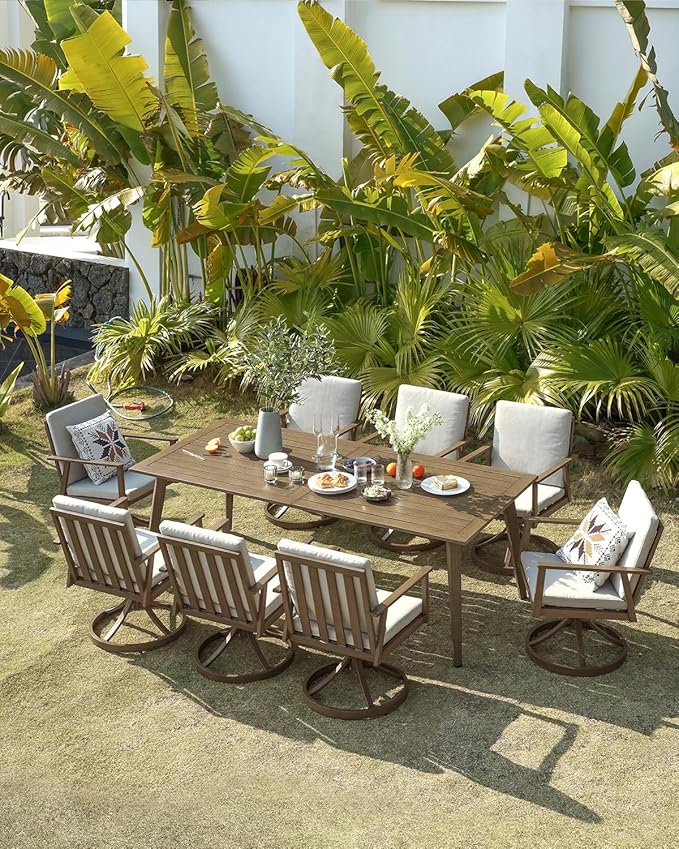 9 Pieces Outdoor Dining Set, Never-Rust Aluminum Patio Swivel Dining Set with Removable Cushions, Outdoor Patio Dining Table Set with 8 Swivel Chairs and Table for Deck Backyard Poolside, Teak