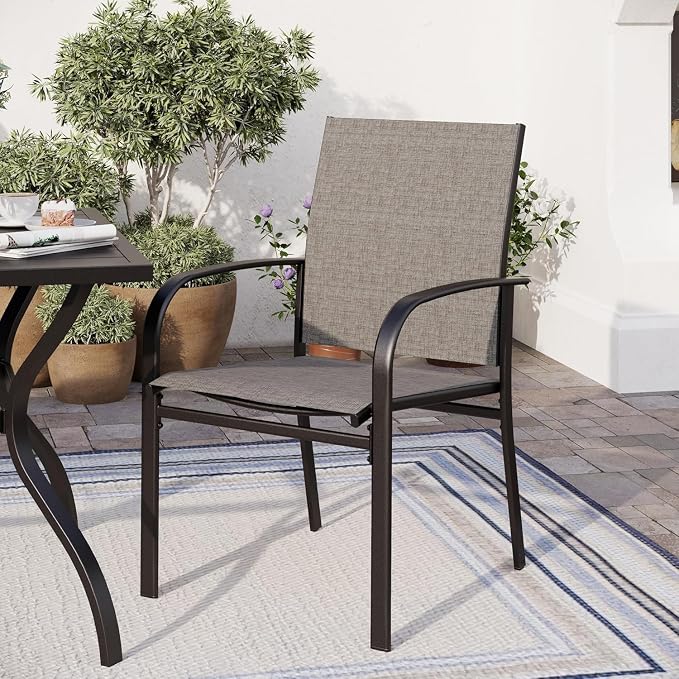 SUNSHINE VALLEY Patio Dining Set of 4, 37”Square Table with Umbrella Hole, Brown Metal Chairs x 4, Outdoor Table and Chairs for Lawn and Deck