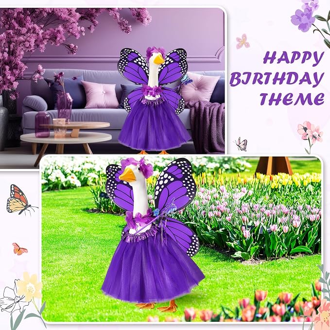 5pcs Butterfly Porch Goose Outfit Costume Tutu Skirt Butterfly Wing Wand Flower Crown for 17‘' 23‘' Cement Goose