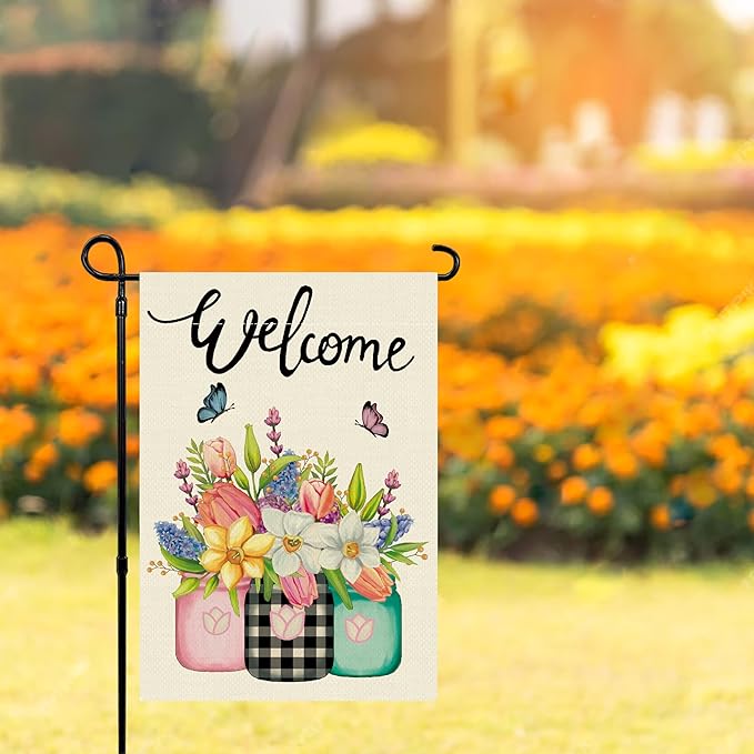 Spring Garden Flag 12x18 Inch Double Sided Floral Mason Jar Seasonal Welcome Yard Outdoor Flag