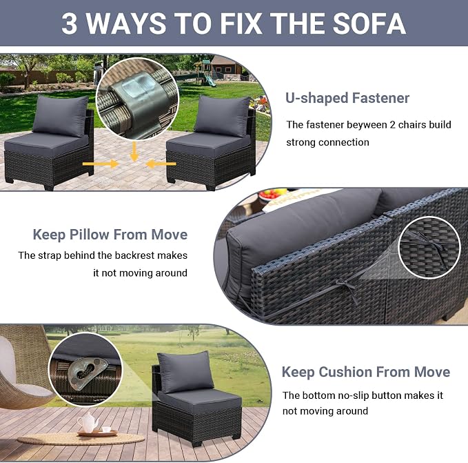 Jing's Villa 7-Piece Patio Furniture Set, All-Weather Outdoor Wicker Sectional Sofa with Cushions, Tempered Glass Table & Ottoman, Rattan Conversation Seating for Porch, Garden, Backyard,Grey