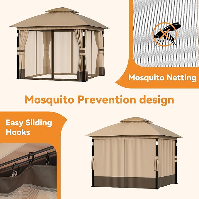 Covered Outdoor Patio Gazebo 10'x10' with LED Lights & Bluetooth Speaker, Heavy Duty Outdoor Canopy Shelter with Metal Frame, Double Roofs, Soft Top Gazebo with Netting and Curtains, Khaki