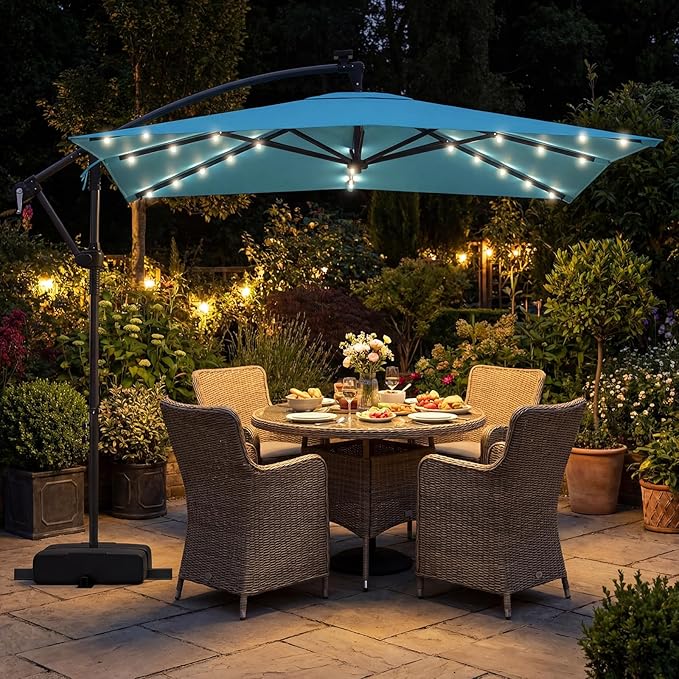 Tangkula 8x8 FT Solar Patio Umbrella with Base Included, Square Offset Cantilever Outdoor Umbrella with 360 Degree Rotation, 32 LED Lights, Crank Handle, 2 Sandbags, 8 Ribs, Air Vent for Pool Deck Garden Backyard