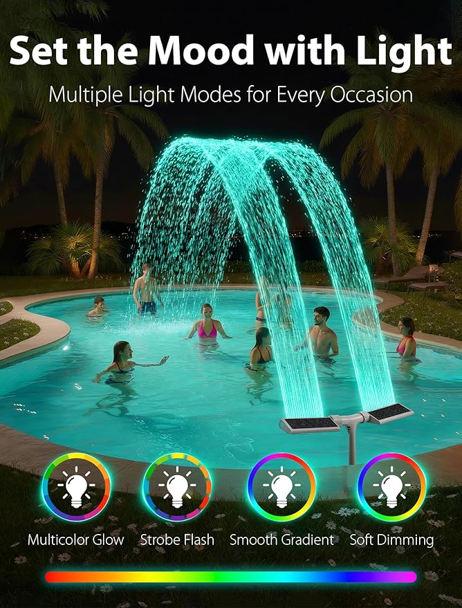 2026 Height Upgrade Solar Pool Fountain with 10-Color 4-Modes Lights, Dual Spray Waterfall Sprinkler 360° Adjustable, Compatible with Above & Inground Pools for Cooler Relaxation (White)
