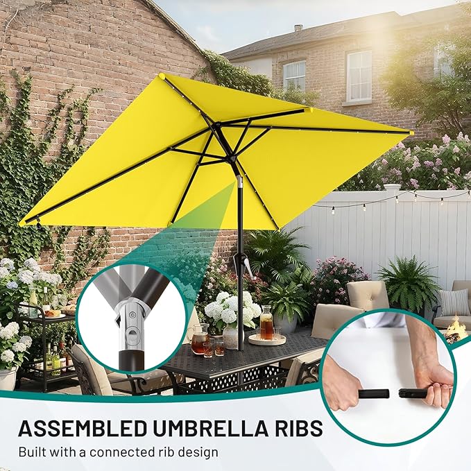 AreShark 6.5' x 10' Rectangular Patio Umbrella with Solar Lights, Solar Powered Lighted Market Umbrella w/Tilt and Crank, Outdoor Table Umbrella for Garden, Deck, Backyard, Pool and Beach, Yellow