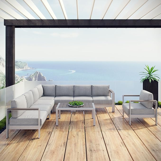 Modway Shore 7-Piece Aluminum Outdoor Patio Sectional Sofa Set in Silver Gray