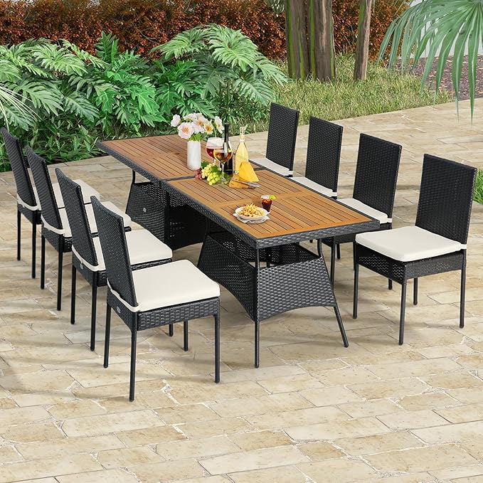 Tangkula 10 Piece Wicker Patio Dining Set, Outdoor Rattan Table & Chairs Set with Padded Cushions, Patio Furniture Dining Acacia Wood Table Set for Balcony Patio Garden Poolside