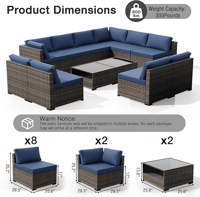 Joyside 12-Piece Patio Furniture Set, Rattan Outdoor Sectional Wicker Patio Conversation Set with Cushions and Coffee Table