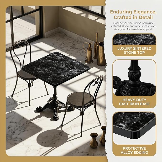 SSLine 31.5" Sintered Stone Dining Table, Marble Top Bistro Table with Heavy-Duty Cast Iron Base, Waterproof Tulip Table for 2-4 Person,Indoor/Outdoor Use for Patio,Cafe,Restaurant (Square-Black)