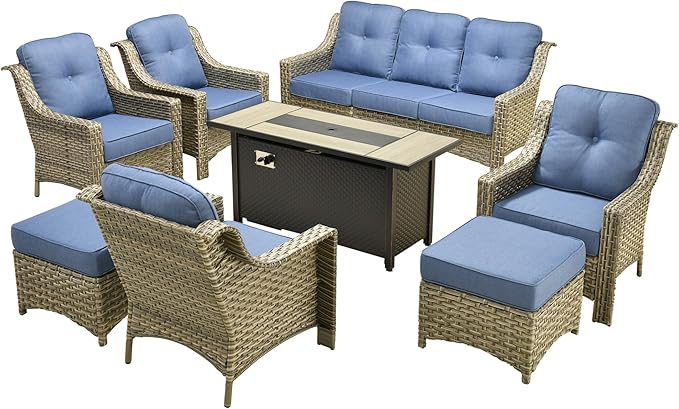 Outdoor Patio Furniture Sets, 8 PCS Patio Conversation Set Outside Rattan Sofa with 54 in Fire Pit Table Comfy Cushions Fit Backyard Porch Garden Poolside Balcony,Diamond Blue