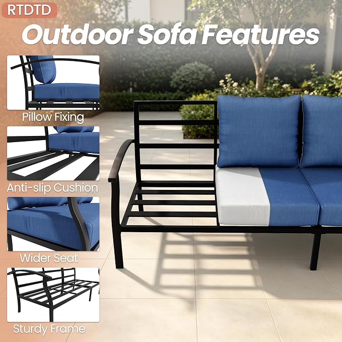 Metal Patio Furniture Set,6 Pieces 7 Seats Patio Sectional Outdoor Furniture Set with Rectangular Coffee Table,Patio Conversation Sets with 5.1" Thickened Cushions,Navy Blue