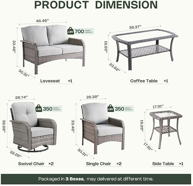 7-Piece Patio Furniture Set, Outdoor Wicker Furniture with Coffee Table, High Back Swivel Rocker Patio Chairs, Modern Rattan Outdoor Chairs Conversation Set for Porch, Balcony, Garden, Grey
