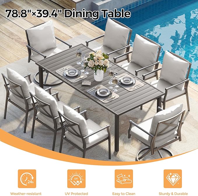 HAPPATIO Patio Dining Set, Powder-Coated Metal Outdoor Table and Chairs Set for 8, 6 Chairs and 2 Swivel Rockers with Thick Cushions, 80" Rectangular Table with 1.5" Umbrella Hole for Deck Yard