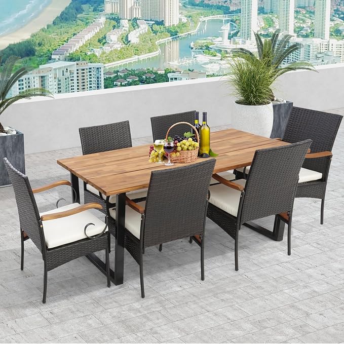 Tangkula 7PCS Patio Rattan Dining Set, Outdoor Wicker Chair & Dining Table Set, Acacia Wood Tabletop & Armrests, 2” Umbrella Hole, Seat Cushions Included, Backyard