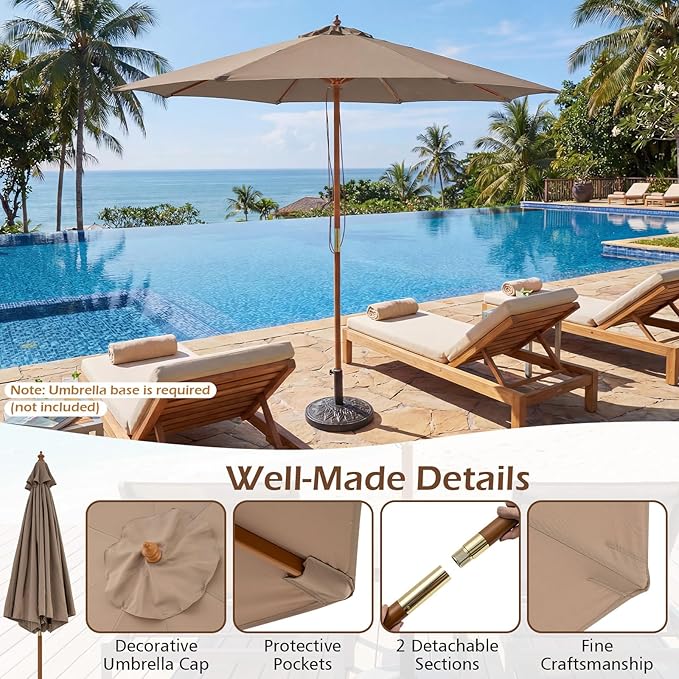 Tangkula 9 FT Patio Umbrella, Outdoor Table Market Umbrella with 8 Wooden Ribs, 3 Adjustable Heights, Rope Pulley System for Garden, Vented Top for Pool Backyard Deck Garden