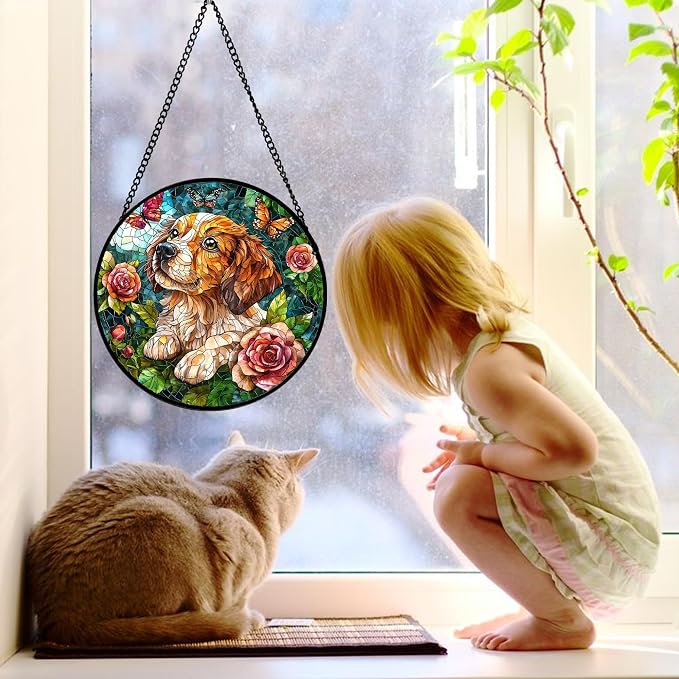 DASTOLL Stained Glass Window Hanging, Dog and Rose Suncatcher for Doors Home Butterfly Sun Catchers Decoration and Christmas, Mother's Day Birthday Gifts for Women, Men, and Mom 9.8 in