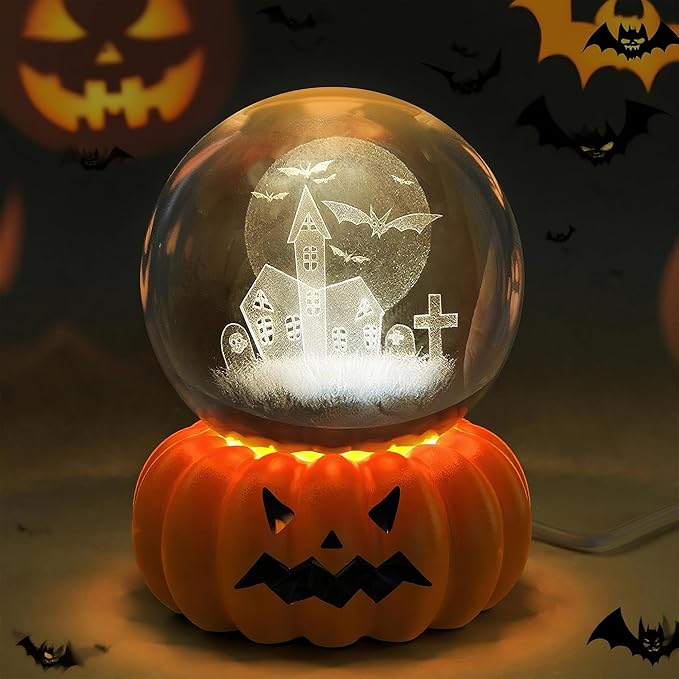 L LOHAS LED 3D Crystal Ball Night Light-Laser Engraved Haunted House Bat with Pumpkin Base,Cute & Funny Halloween Night Light for Kids, 3000K Warm White for Halloween Party Decor