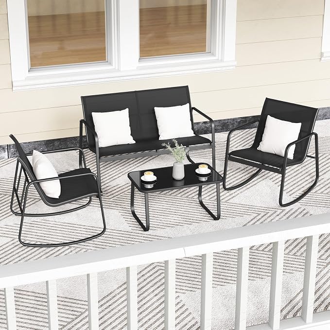 HAPPYGRILL 8 Piece Patio Rocking Bistro Set with 4 Rocking Chairs, 2 Loveseat & 2 Coffee Table, Outdoor Conversation Furniture Set for Garden Poolside Balcony (2)
