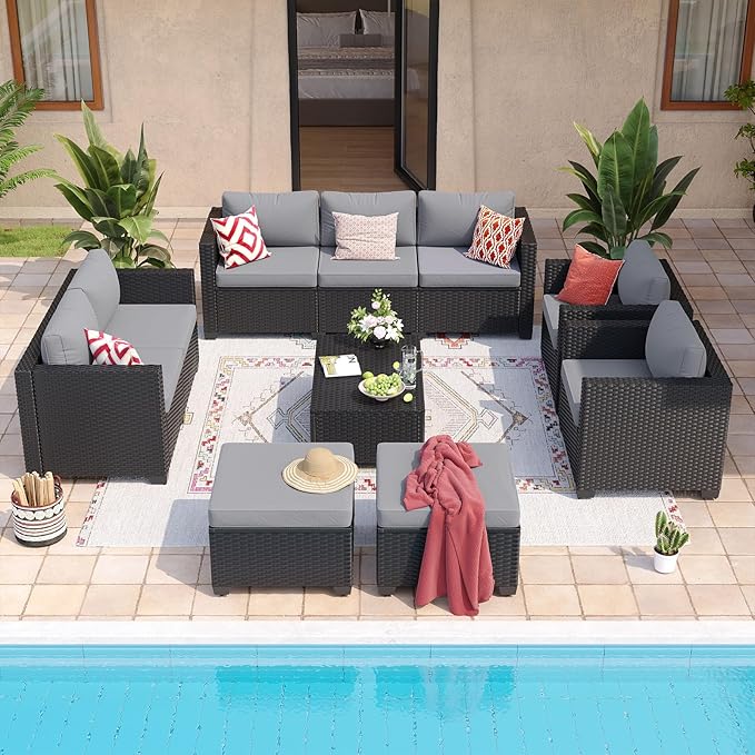 Aoxun 9 Piece Outdoor Patio Furniture Set 8 Seats, Outdoor Sectional with Thick Waterproof Cushions & Storage Coffee Table, Patio Conversation Sets for Garden,Backyard, Porch, Balcony, Deck, Gray