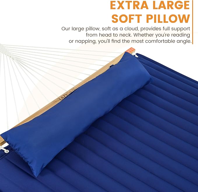 Lazy Daze Hammocks 2 Person Hammock with 12FT Stand for Outside, Quilted Double Hammock with Detachable Pillow, Balance Strap & Carrying Bag Included, 450lbs Capacity, Tool-Free Assembly, Navy Blue