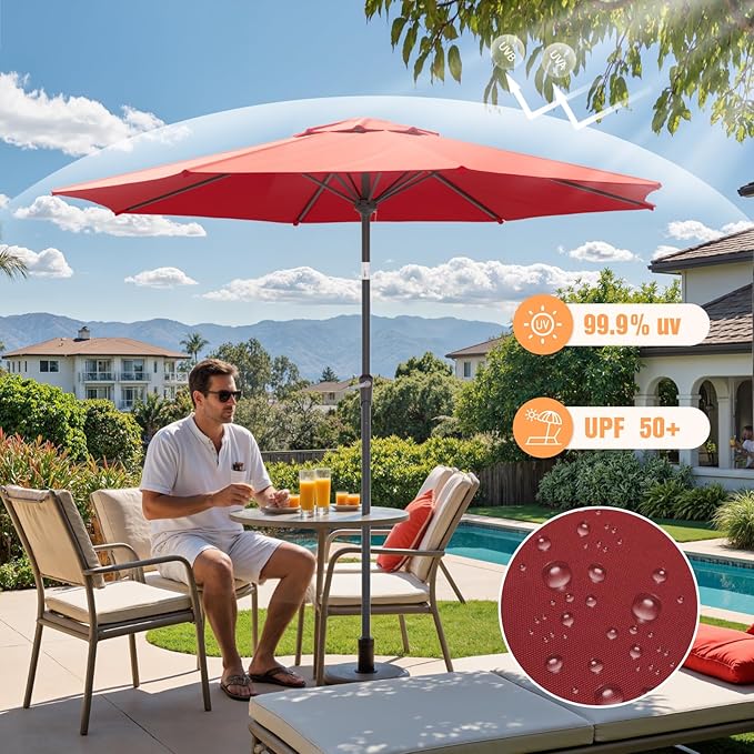 Outdoor Patio Umbrella, Table Umbrella with Push Button Tilt and Crank, 8 Ribs Market Umbrella