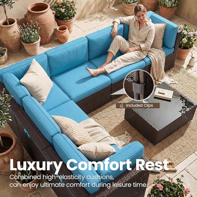 8 Pieces Patio Furniture Set with 44" Propane Gas Fire Pit Table, Outdoor Sectional Wicker Conversation Sofa Sets with Coffee Table