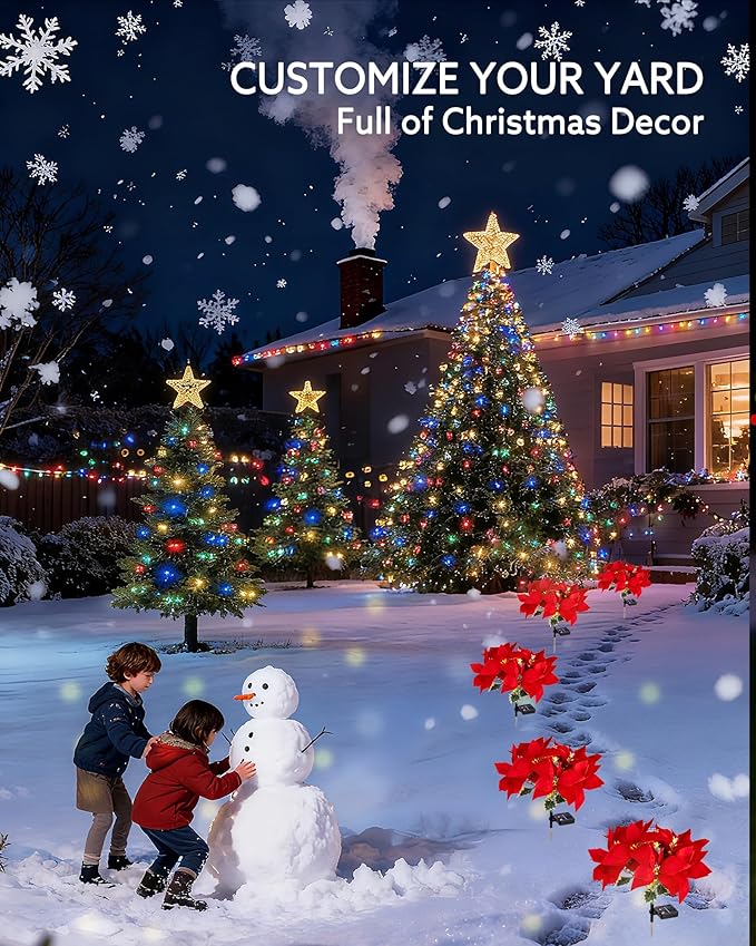 Solar Christmas Flower Lights-IP65 Waterproof XS Pathway Lights,Outdoor Christmas Decorations with 7 Bouquets/1 Stake,Unique Flower Design Complement the Christmas Trees for Garden/Yard/Patio,4 Packs