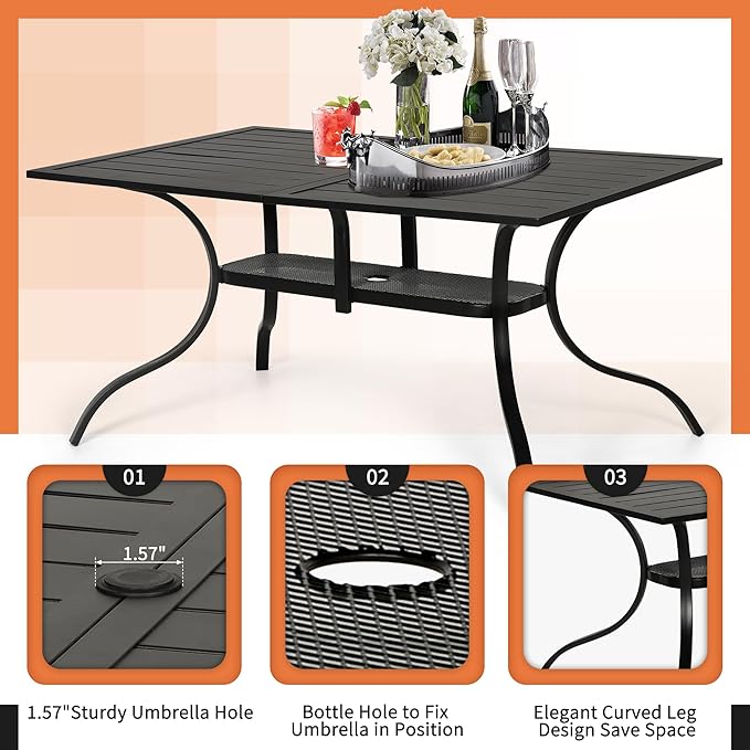 Crownland 7 Piece Outdoor Patio Metal Dining Sets, 6 Stackable Metal Chairs and Rectangular Outdoor Dining Table with with Khaki 9FT Round Outdoor Umbrella, for Backyard, Garden (Classic Black)