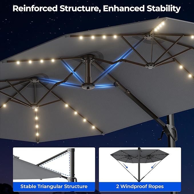 HOMSHADE 15FT Cantilever Double-Sided Umbrella with Solar Light and Base, Rectangle Oversized Offset Patio Umbrellas, Extra Large Outdoor Umbrella for Pool, Deck, Garden, Market (Dark Gray)