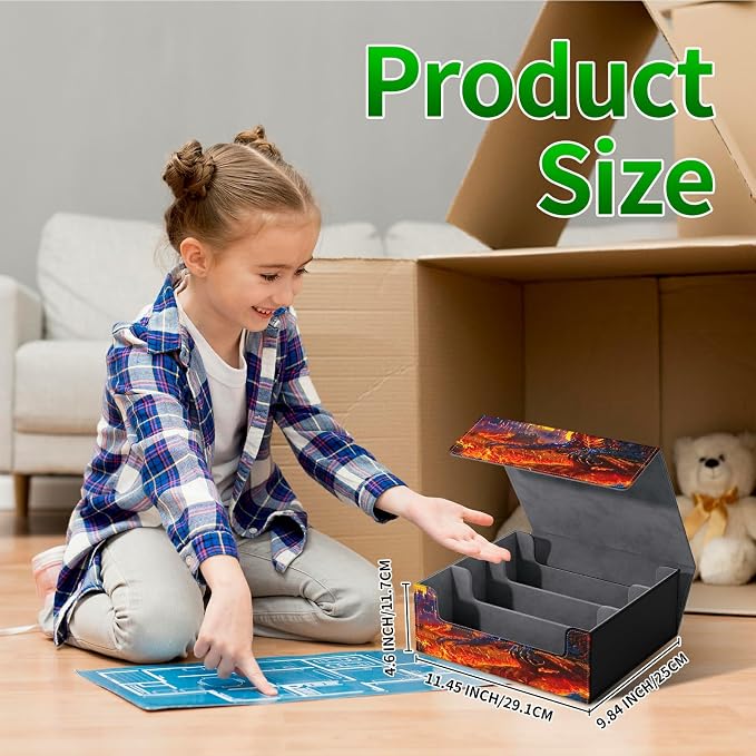 Card Deck Box for MTG, Cards Storage Box Fits 120+ Sleeved, Leather Big Size Strong Magnetic Closing Case for Board Games Magic TCG CCG Baseball Collection Women Man, Castle Flaming Dragon