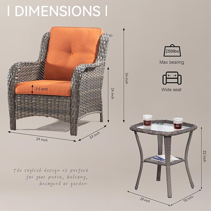 Wicker Chair Set 3-Piece Wicker Outdoor Furniture Conversational Sets with Two Armchairs & One Rattan Side Table, Olefin Cushions Included, Orange