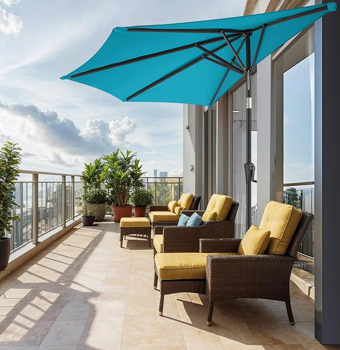 FLAME&SHADE 9ft Half Patio Umbrella - Half Outdoor Umbrella with Tilt UV Protection Waterprool, Half Round Table Umbrella for Wall Balcony, Pool, Porch, Garden, Deck, Market, Backyard (Aqua Blue)