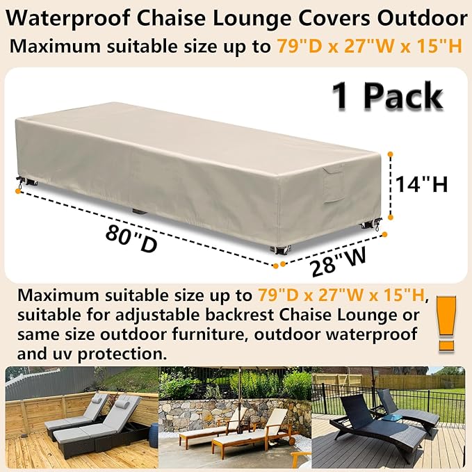 Outdoor Chaise Lounge Cover 1 Pack Patio Lounge Chair Covers Waterproof 600D Weather Resistant Material, UV Protection, Windproof Design Outside Furniture Covers 80" x 28" x 14" H,Beige