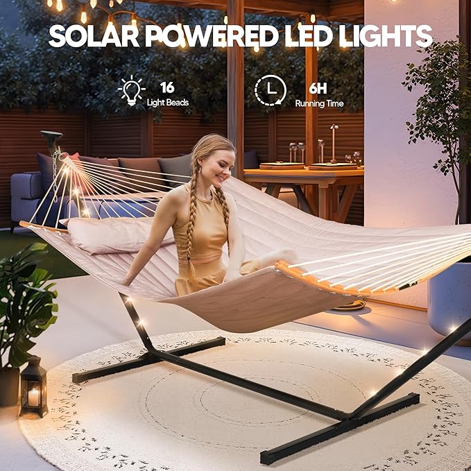 SUNCREAT Hammocks Outdoor 2 Person Hammock with Solar Powered Lights, Double Hammock with 12 ft Stand Included, Tan