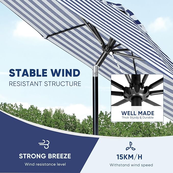 Tempera Patio Market Outdoor Table Umbrella with Push Button Tilt and Crank, Large Sun Umbrella with Sturdy Pole & Fade Resistant Canopy, Easy to Set